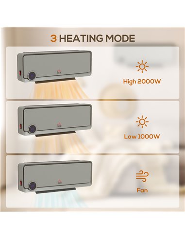 HOMCOM Wall Downflow Heater 2 Heat and Fan 1000W/2000W, Electric Space Heater with Timer Remote Oscillating, for Bedroom Home Of