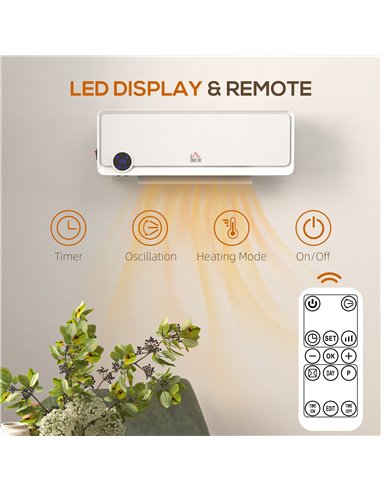 HOMCOM Wall Downflow Heater 2 Heat and Fan 1000W/2000W, Electric Space Heater with Timer Remote Oscillating, for Bedroom Home Of