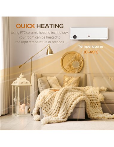 HOMCOM Wall Downflow Heater 2 Heat and Fan 1000W/2000W, Electric Space Heater with Timer Remote Oscillating, for Bedroom Home Of
