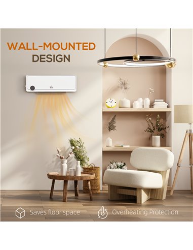 HOMCOM Wall Downflow Heater 2 Heat and Fan 1000W/2000W, Electric Space Heater with Timer Remote Oscillating, for Bedroom Home Of