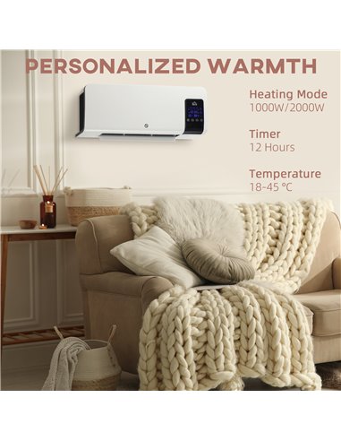 HOMCOM Electric Heater, 2000W Wall Mounted Space Heater with Remote Control, 2 Modes, Timer, Oscillation, Overheat Protection, C