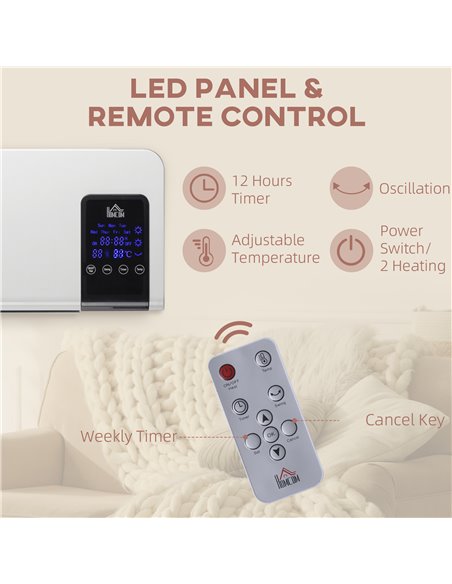 HOMCOM Electric Heater, 2000W Wall Mounted Space Heater with Remote Control, 2 Modes, Timer, Oscillation, Overheat Protection, C - pic 88494 | FastDaddyshop