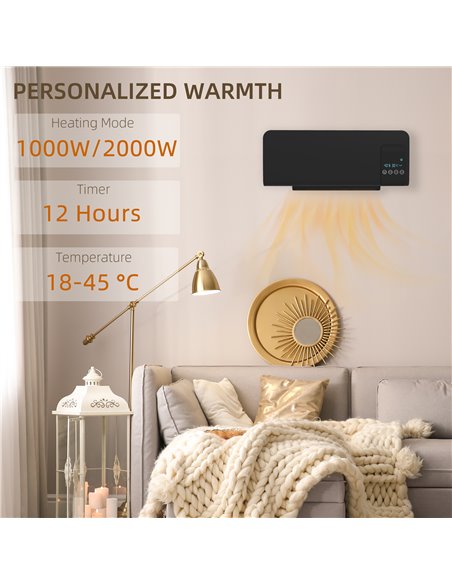 HOMCOM Electric Heater, 2000W Wall Mounted Space Heater with Remote Control, 2 Modes, Timer, Oscillation, Overheat Protection, C - pic 88502 | FastDaddyshop