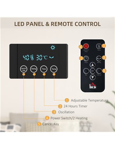 HOMCOM Electric Heater, 2000W Wall Mounted Space Heater with Remote Control, 2 Modes, Timer, Oscillation, Overheat Protection, C