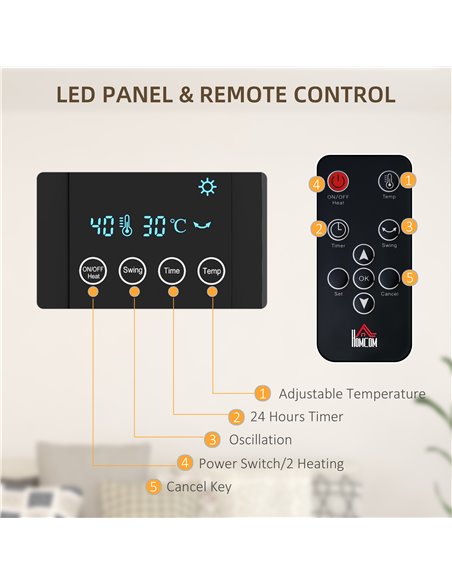 HOMCOM Electric Heater, 2000W Wall Mounted Space Heater with Remote Control, 2 Modes, Timer, Oscillation, Overheat Protection, C - pic 88503 | FastDaddyshop