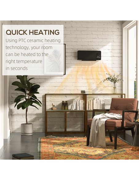 HOMCOM Electric Heater, 2000W Wall Mounted Space Heater with Remote Control, 2 Modes, Timer, Oscillation, Overheat Protection, C - pic 88507 | FastDaddyshop
