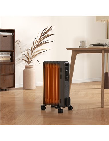 HOMCOM 1500W Oil Filled Radiator, 7 Fin, Portable Electric Heater with 3 Heat Settings, Safety Cut-Off and Wheels, Grey 820-274V