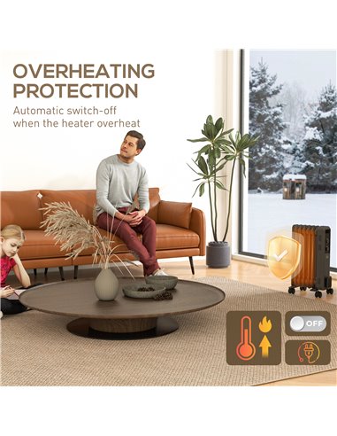 HOMCOM 1500W Oil Filled Radiator, 7 Fin, Portable Electric Heater with 3 Heat Settings, Safety Cut-Off and Wheels, Grey 820-274V