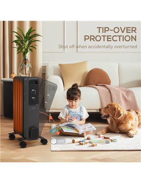 HOMCOM 1500W Oil Filled Radiator, 7 Fin, Portable Electric Heater with 3 Heat Settings, Safety Cut-Off and Wheels, Grey 820-274V - pic 88539 | FastDaddyshop
