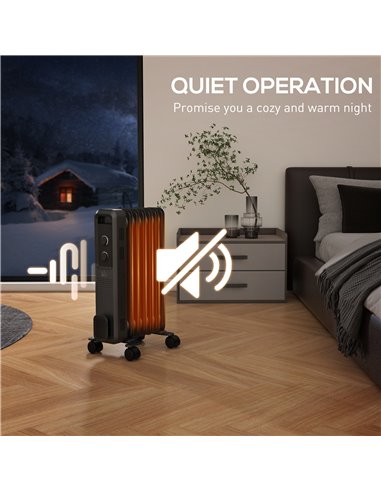 HOMCOM 1500W Oil Filled Radiator, 7 Fin, Portable Electric Heater with 3 Heat Settings, Safety Cut-Off and Wheels, Grey 820-274V