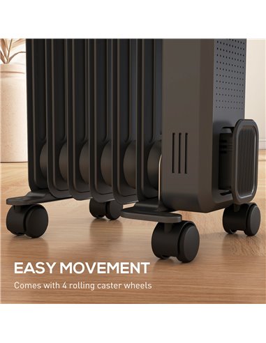 HOMCOM 1500W Oil Filled Radiator, 7 Fin, Portable Electric Heater with 3 Heat Settings, Safety Cut-Off and Wheels, Grey 820-274V
