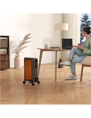 HOMCOM 1500W Oil Filled Radiator, 7 Fin, Portable Electric Heater with 3 Heat Settings, Safety Cut-Off and Wheels, Grey 820-274V