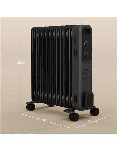 HOMCOM 2500W Oil Filled Radiator, 11 Fin, Portable Electric Heater with 3 Heat Settings, Safety Cut-Off and Wheels, Grey 820-272