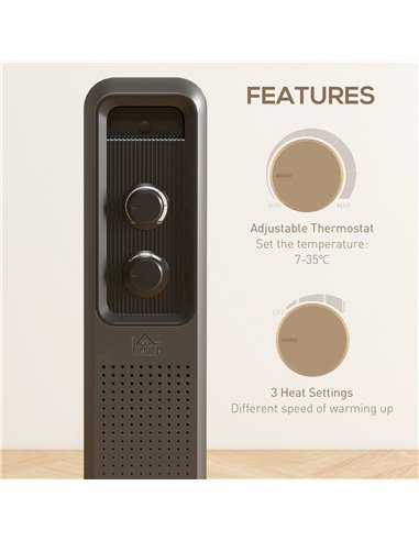 HOMCOM 2500W Oil Filled Radiator, 11 Fin, Portable Electric Heater with 3 Heat Settings, Safety Cut-Off and Wheels, Grey 820-272