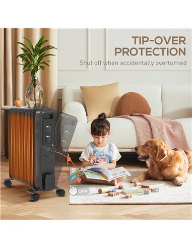 HOMCOM 2500W Oil Filled Radiator, 11 Fin, Portable Electric Heater with 3 Heat Settings, Safety Cut-Off and Wheels, Grey 820-272