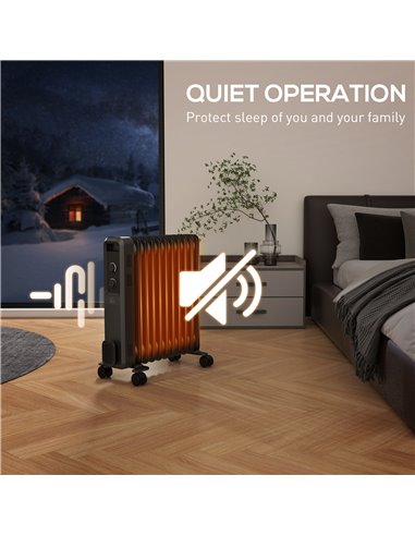 HOMCOM 2500W Oil Filled Radiator, 11 Fin, Portable Electric Heater with 3 Heat Settings, Safety Cut-Off and Wheels, Grey 820-272