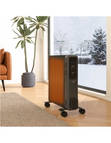 HOMCOM 2500W Oil Filled Radiator, 11 Fin, Portable Electric Heater with 3 Heat Settings, Safety Cut-Off and Wheels, Grey 820-272