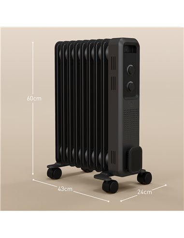 HOMCOM 2000W Oil Filled Radiator, 9 Fin, Portable Electric Heater with 3 Heat Settings, Safety Cut-Off and Wheels, Grey 820-269V