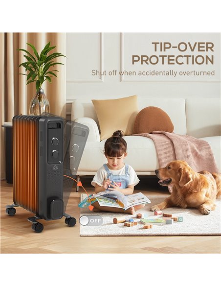 HOMCOM 2000W Oil Filled Radiator, 9 Fin, Portable Electric Heater with 3 Heat Settings, Safety Cut-Off and Wheels, Grey 820-269V - pic 88558 | FastDaddyshop