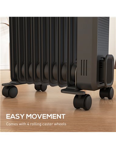 HOMCOM 2000W Oil Filled Radiator, 9 Fin, Portable Electric Heater with 3 Heat Settings, Safety Cut-Off and Wheels, Grey 820-269V