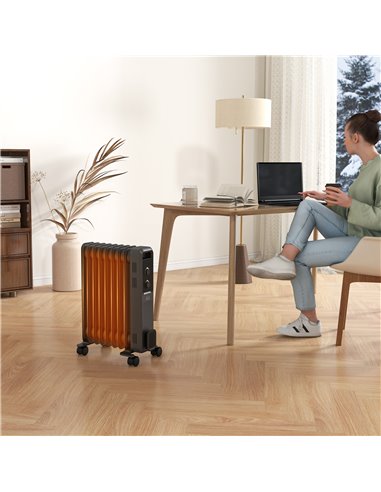 HOMCOM 2000W Oil Filled Radiator, 9 Fin, Portable Electric Heater with 3 Heat Settings, Safety Cut-Off and Wheels, Grey 820-269V