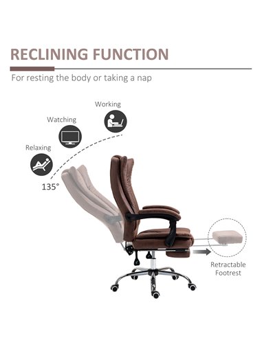 Vinsetto Home Office Chair Microfibre Desk Chair with Reclining Function Armrests Swivel Wheels Footrest Brown