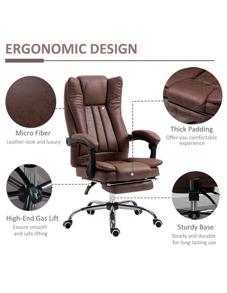 Vinsetto Home Office Chair Microfibre Desk Chair with Reclining Function Armrests Swivel Wheels Footrest Brown - pic 8861 | FastDaddyshop
