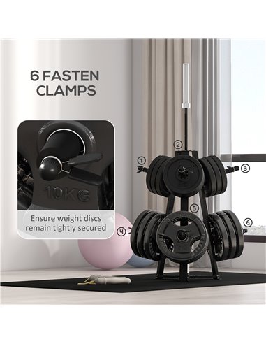 SPORTNOW Weight Tree Weight Rack for 5cm Weight Plates and Barbell Bar with 6 Fasten Clamps, 300kg Capacity A91-331V00BK
