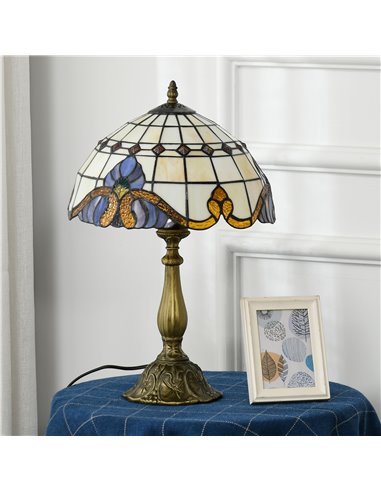 HOMCOM Stained Glass Bedroom Table Lamp, Handmade Antique Bedside Light, Decorative Night Light for Bedroom, Living Room, Home B