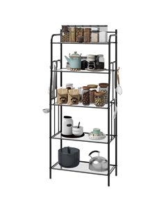 HOMCOM 5-Tier Kitchen Storage Unit, Microwave Stand w/ 5 Mesh Open Shelves & 4 Hooks, Modern Coffee Bar Station w/ Steel Frame f