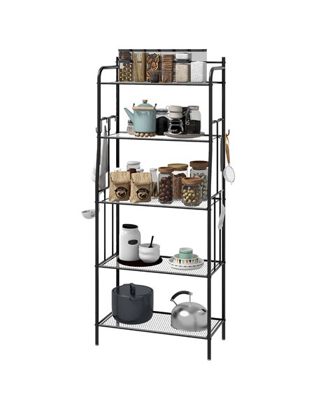 HOMCOM 5-Tier Kitchen Storage Unit, Microwave Stand w/ 5 Mesh Open Shelves & 4 Hooks, Modern Coffee Bar Station w/ Steel Frame f - pic 89039 | FastDaddyshop