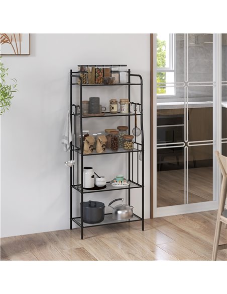 HOMCOM 5-Tier Kitchen Storage Unit, Microwave Stand w/ 5 Mesh Open Shelves & 4 Hooks, Modern Coffee Bar Station w/ Steel Frame f - pic 89040 | FastDaddyshop