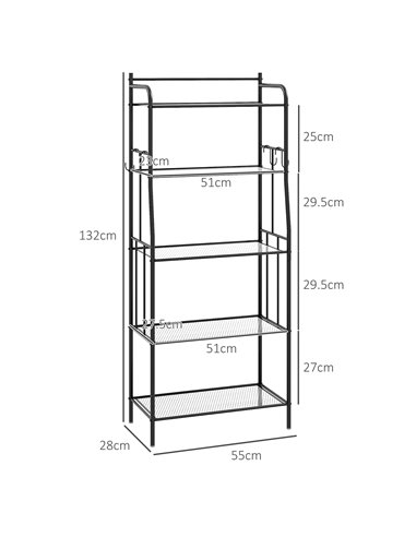HOMCOM 5-Tier Kitchen Storage Unit, Microwave Stand w/ 5 Mesh Open Shelves & 4 Hooks, Modern Coffee Bar Station w/ Steel Frame f