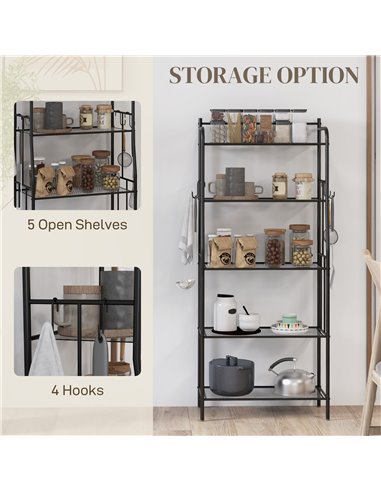 HOMCOM 5-Tier Kitchen Storage Unit, Microwave Stand w/ 5 Mesh Open Shelves & 4 Hooks, Modern Coffee Bar Station w/ Steel Frame f
