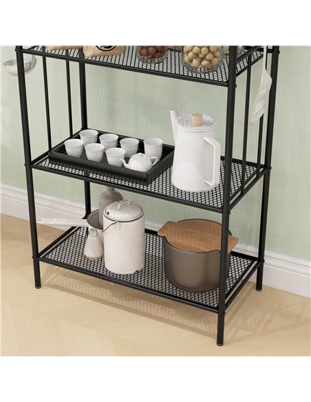 HOMCOM 5-Tier Kitchen Storage Unit, Microwave Stand w/ 5 Mesh Open Shelves & 4 Hooks, Modern Coffee Bar Station w/ Steel Frame f - pic 89047 | FastDaddyshop