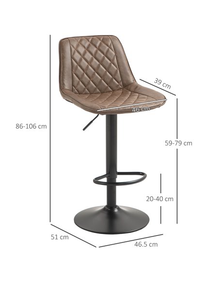 HOMCOM Bar Stools Set of 2, Retro Adjustable Kitchen Stool, Swivel PU Leather Upholstered Bar Chairs w/ Back, Footrest & Steel B - pic 89050 | FastDaddyshop