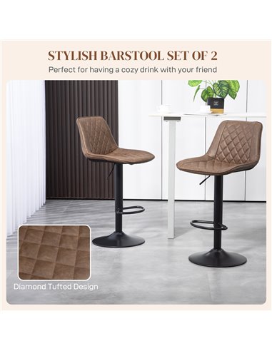 HOMCOM Bar Stools Set of 2, Retro Adjustable Kitchen Stool, Swivel PU Leather Upholstered Bar Chairs w/ Back, Footrest & Steel B