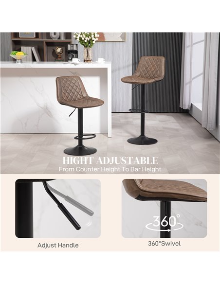HOMCOM Bar Stools Set of 2, Retro Adjustable Kitchen Stool, Swivel PU Leather Upholstered Bar Chairs w/ Back, Footrest & Steel B - pic 89052 | FastDaddyshop