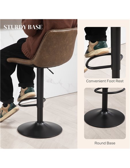 HOMCOM Bar Stools Set of 2, Retro Adjustable Kitchen Stool, Swivel PU Leather Upholstered Bar Chairs w/ Back, Footrest & Steel B - pic 89053 | FastDaddyshop