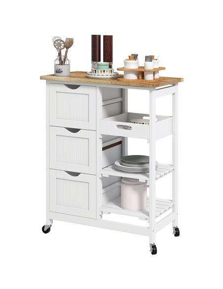 HOMCOM Rolling Kitchen Island Cart, Bar Serving Cart, Compact Trolley on Wheels with Wood Top, Shelves & Drawers for Home Dining - pic 89057 | FastDaddyshop
