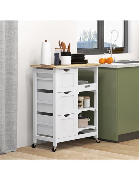 HOMCOM Rolling Kitchen Island Cart, Bar Serving Cart, Compact Trolley on Wheels with Wood Top, Shelves & Drawers for Home Dining - pic 89058 | FastDaddyshop
