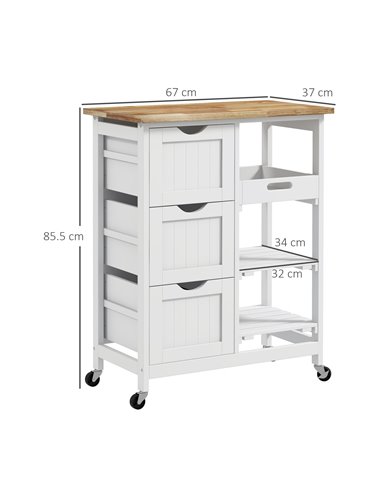 HOMCOM Rolling Kitchen Island Cart, Bar Serving Cart, Compact Trolley on Wheels with Wood Top, Shelves & Drawers for Home Dining