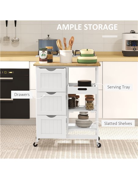 HOMCOM Rolling Kitchen Island Cart, Bar Serving Cart, Compact Trolley on Wheels with Wood Top, Shelves & Drawers for Home Dining - pic 89060 | FastDaddyshop