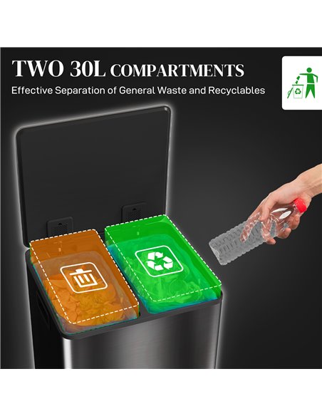 HOMCOM Dual Kitchen Bin, 2 x 30L Double Bin for Recycling and Waste, Stainless Steel Pedal Bin w/ Soft-Close Lid, Removable Inne - pic 89078 | FastDaddyshop