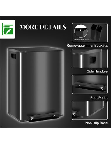 HOMCOM Dual Kitchen Bin, 2 x 30L Double Bin for Recycling and Waste, Stainless Steel Pedal Bin w/ Soft-Close Lid, Removable Inne
