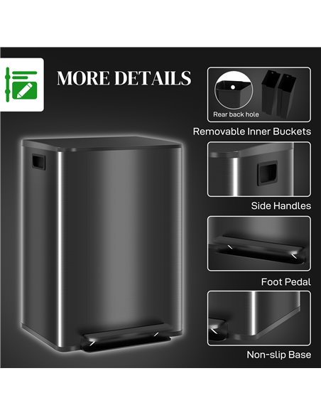 HOMCOM Dual Kitchen Bin, 2 x 30L Double Bin for Recycling and Waste, Stainless Steel Pedal Bin w/ Soft-Close Lid, Removable Inne - pic 89081 | FastDaddyshop