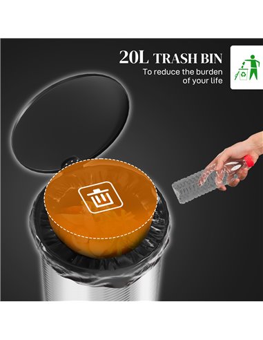 HOMCOM 20 Litre Kitchen Bin, Stainless Steel Pedal Bin with Soft-Close Lid, Fingerprint Proof Cylindrical Rubbish Bin w/ Foot Pe