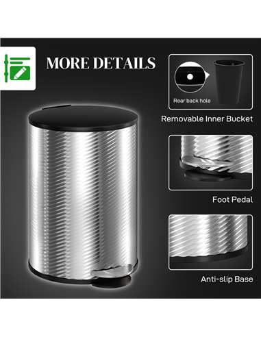 HOMCOM 20 Litre Kitchen Bin, Stainless Steel Pedal Bin with Soft-Close Lid, Fingerprint Proof Cylindrical Rubbish Bin w/ Foot Pe