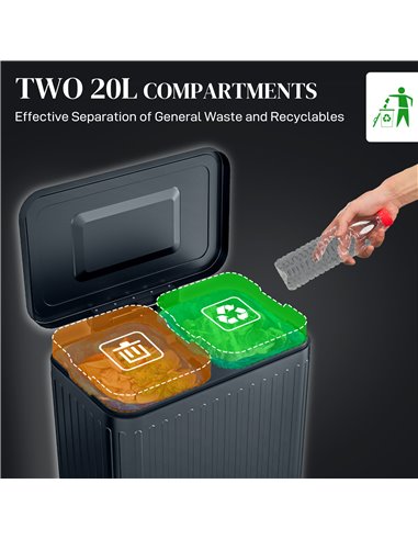 HOMCOM Dual Kitchen Bin, 2 x 20L Double Bin for Recycling and Waste, Fingerprint-proof Pedal Bin with Soft-Close Lid, Removable 