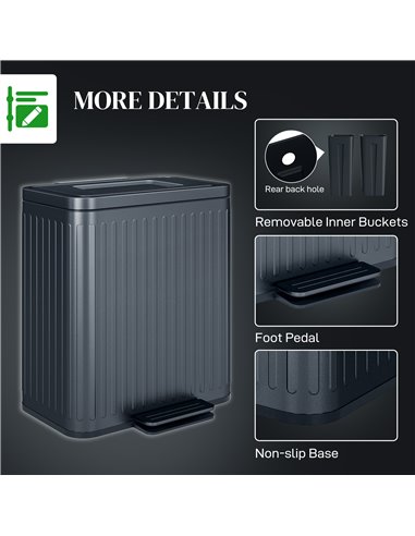 HOMCOM Dual Kitchen Bin, 2 x 20L Double Bin for Recycling and Waste, Fingerprint-proof Pedal Bin with Soft-Close Lid, Removable 